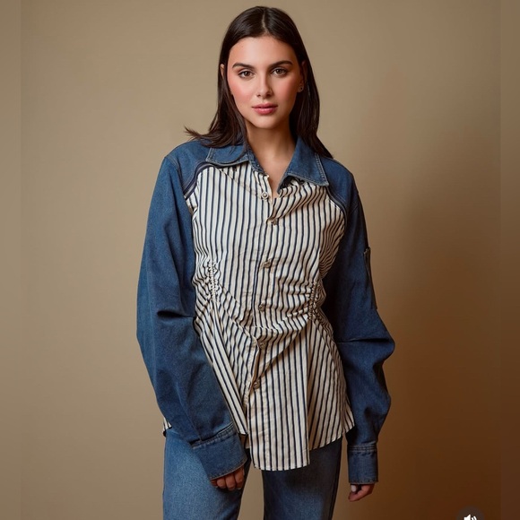 LILI Denim Button Down Zip Detail Shirt - Picture 1 of 10